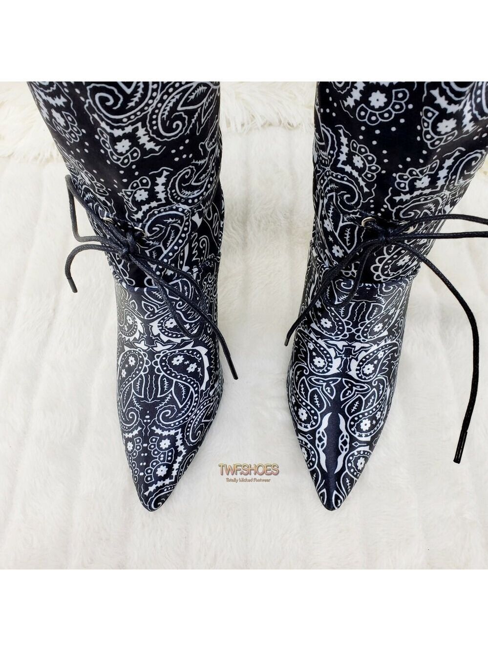 NIB Bandanna Madness Drawstring 4" Stiletto High Heel Mid Calf Boots Black - Picture 7 of 11